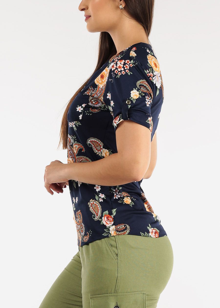 Short Sleeve Half Button Up Floral Blouse Navy sold by Moda product image thumbnail 3