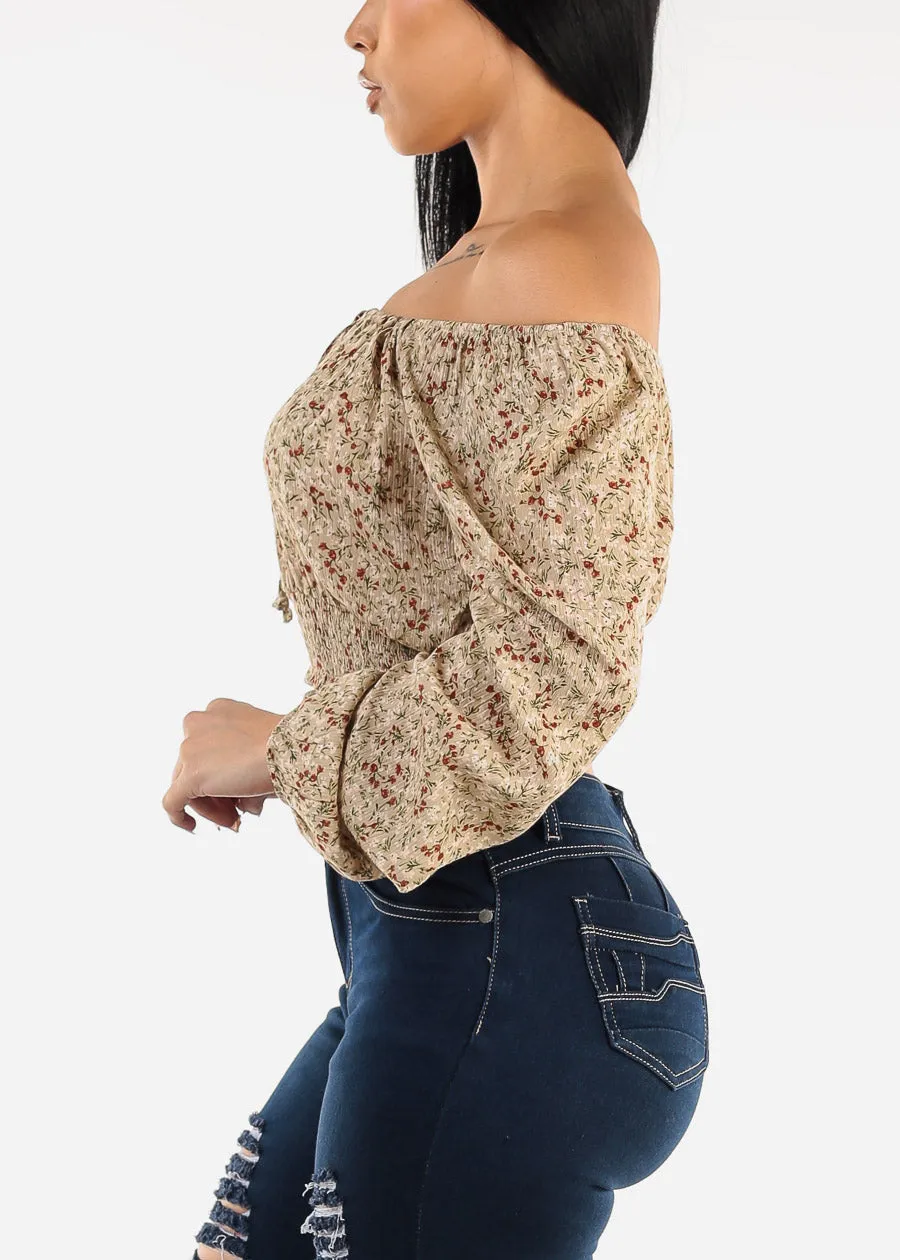 Off Shoulder Long Sleeve Smocked Waist Floral Top Beige sold by Moda product image thumbnail 3