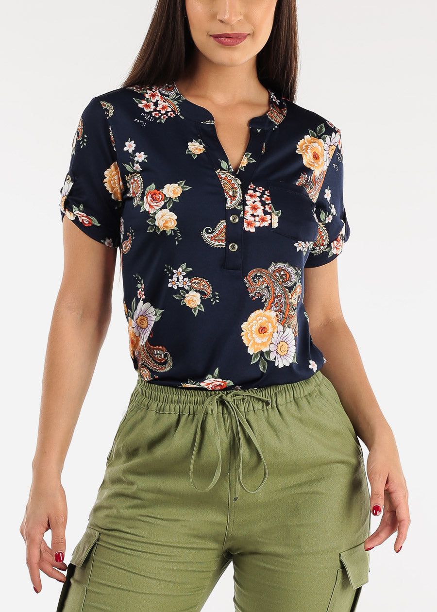 Short Sleeve Half Button Up Floral Blouse Navy sold by Moda