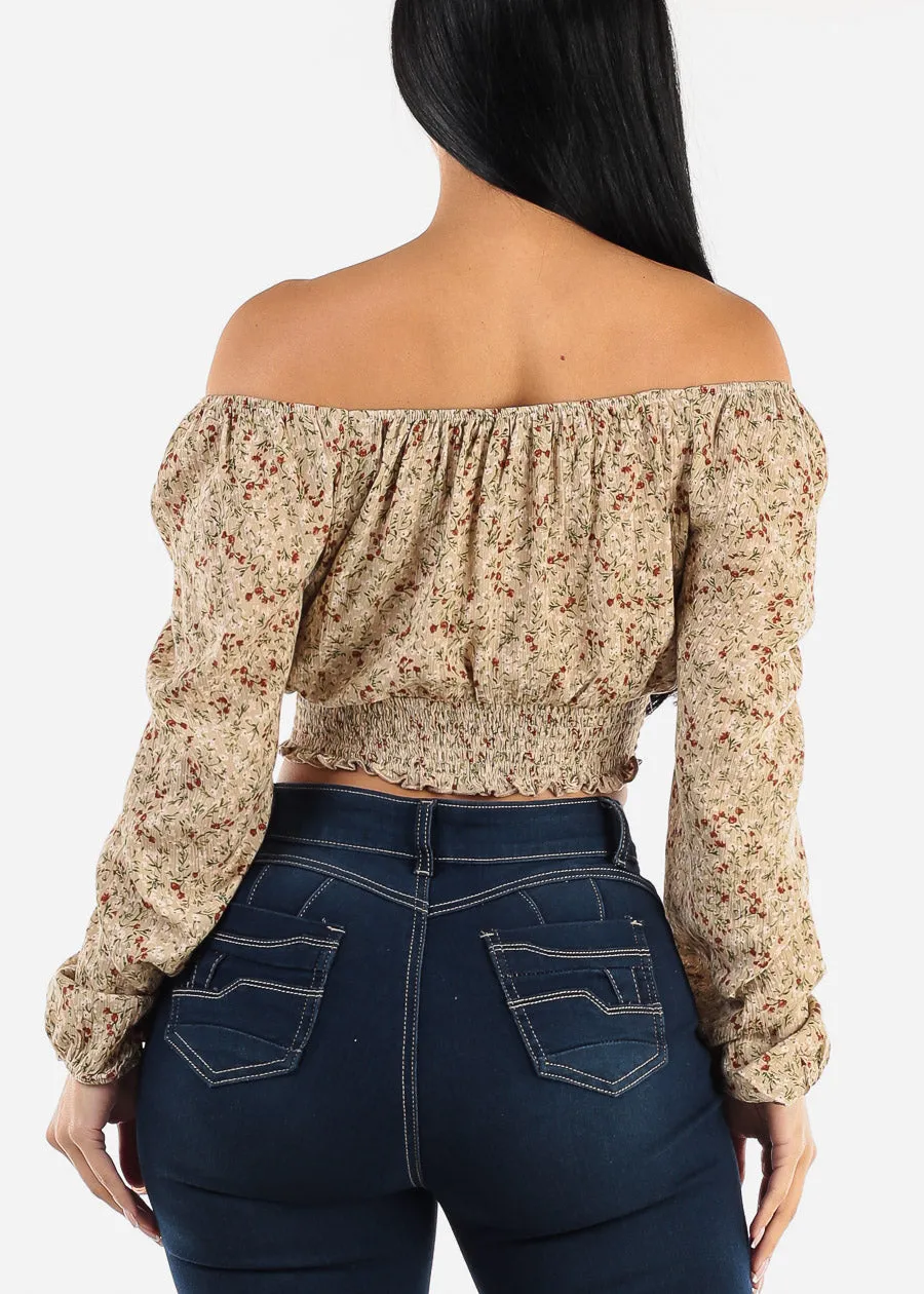 Off Shoulder Long Sleeve Smocked Waist Floral Top Beige sold by Moda product image thumbnail 4
