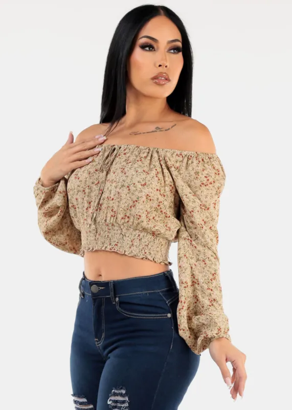 Off Shoulder Long Sleeve Smocked Waist Floral Top Beige sold by Moda