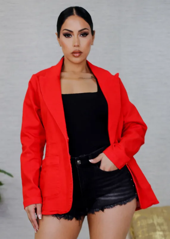 Long Sleeve Red Denim Blazer w Pockets sold by Moda