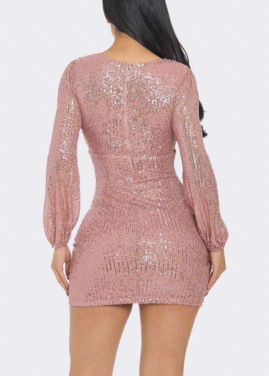Pink Sequin Long Sleeve Stretchy Overlap Mini Dress sold by Moda product image thumbnail 3