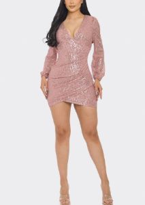 Pink Sequin Long Sleeve Stretchy Overlap Mini Dress sold by Moda