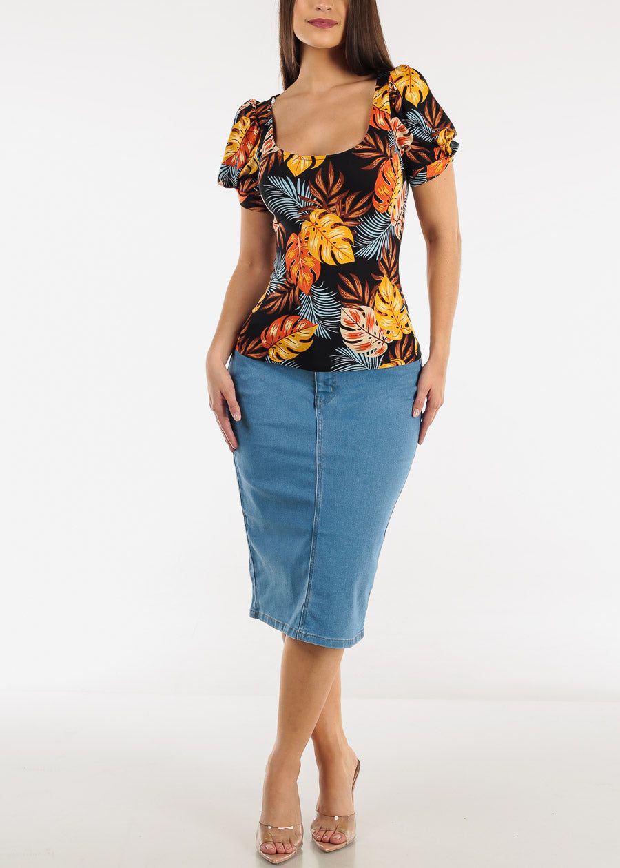 Short Puff Sleeve Scoop Neck Floral Top Black sold by Moda product image thumbnail 2