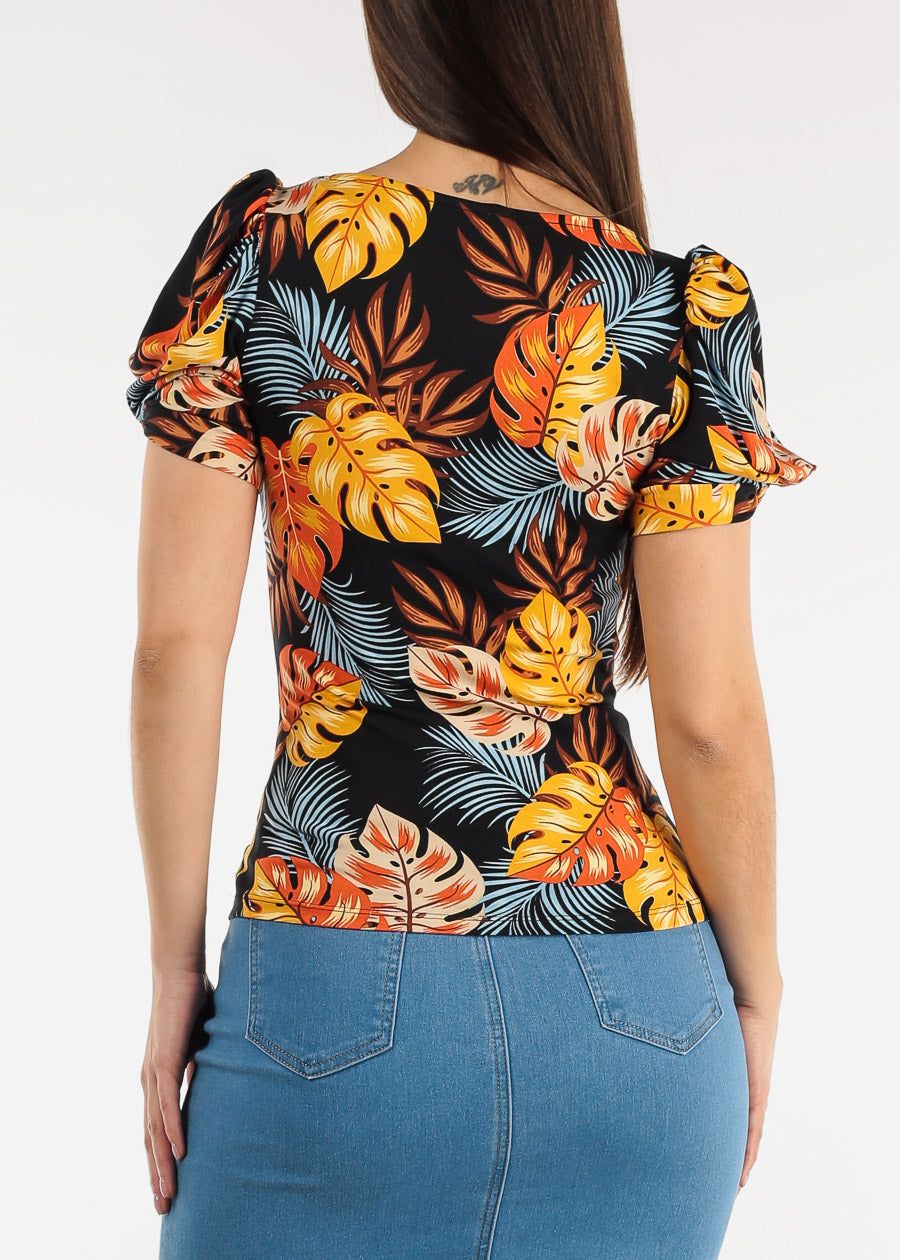 Short Puff Sleeve Scoop Neck Floral Top Black sold by Moda product image thumbnail 4