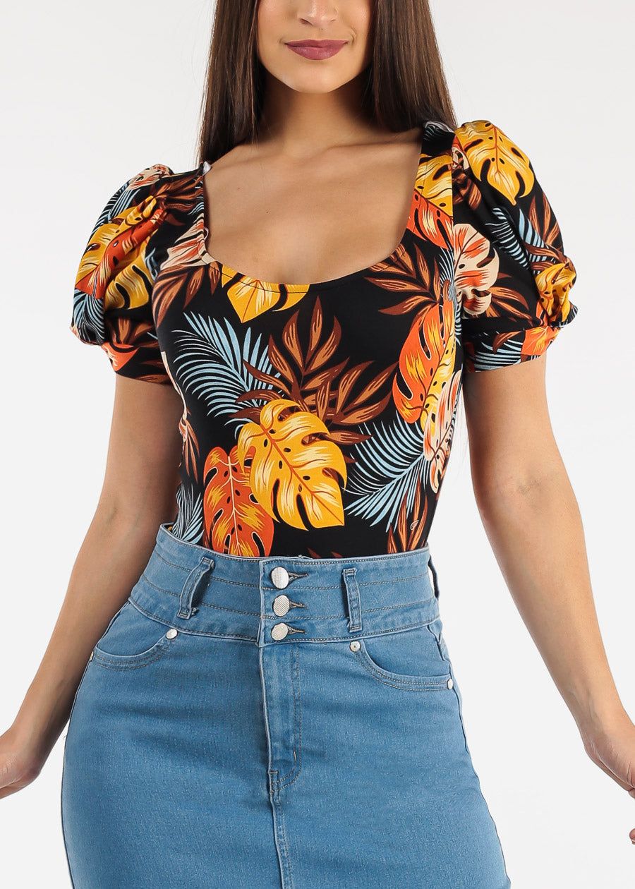 Short Puff Sleeve Scoop Neck Floral Top Black sold by Moda