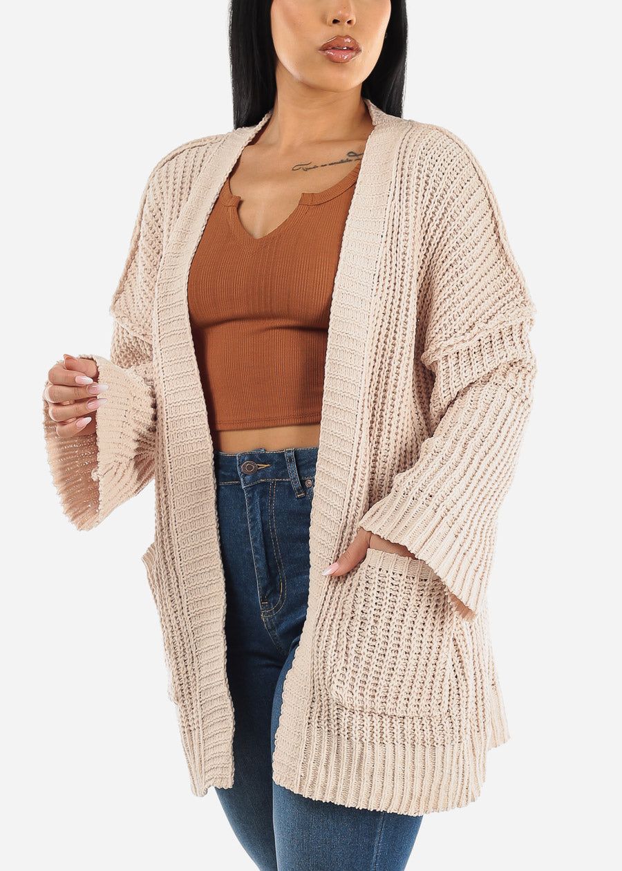 Long Sleeve Soft Knit Maxi Cardigan Cream w Pockets sold by Moda