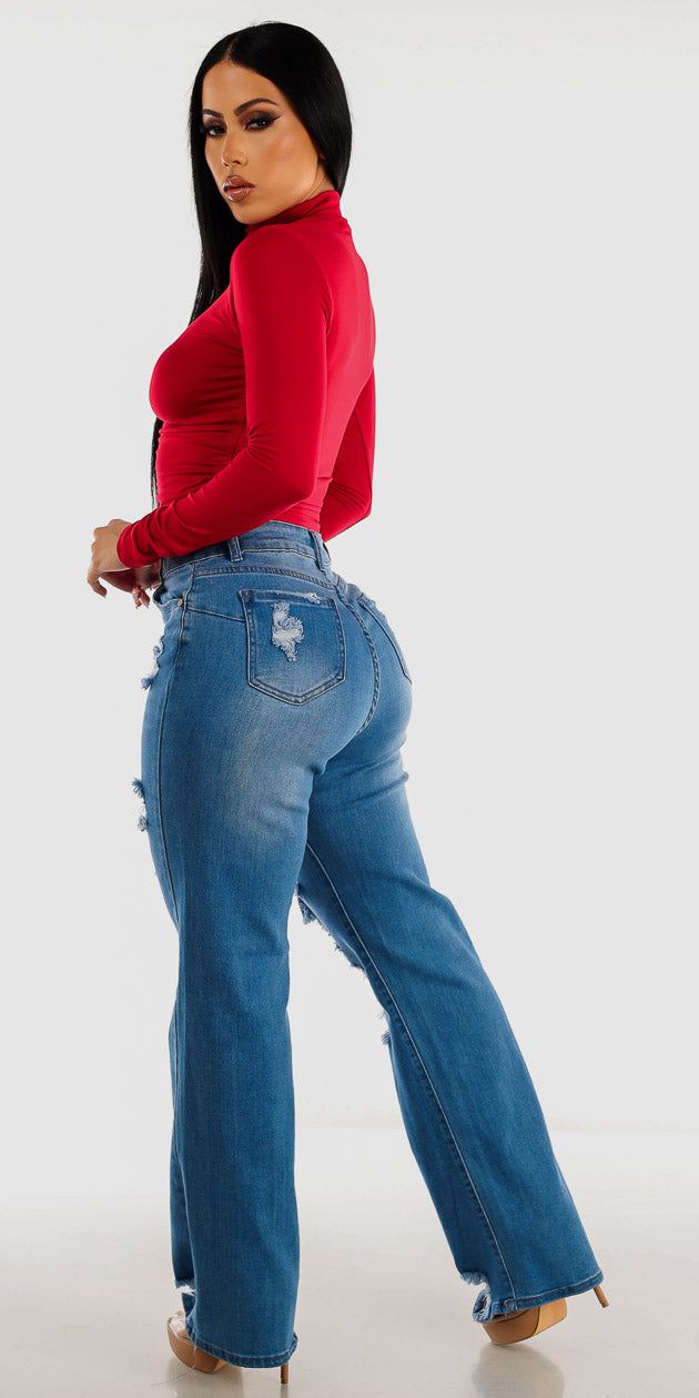 Light Wash High Waisted Distressed Wide Leg Straight Jeans with Red Long Sleeve Mock Neck Ruched Top sold by Moda product image thumbnail 2