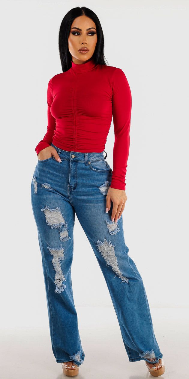Light Wash High Waisted Distressed Wide Leg Straight Jeans with Red Long Sleeve Mock Neck Ruched Top sold by Moda