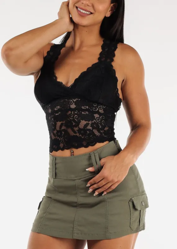 Black Vneck Floral Lace Racerback Top sold by Moda