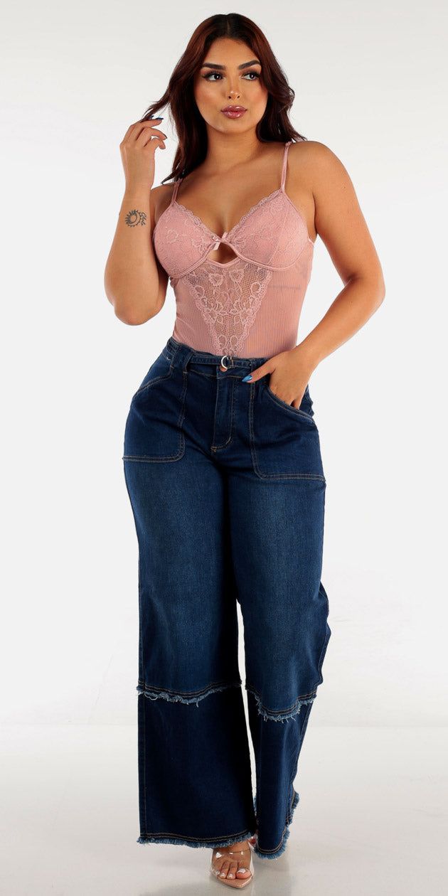 Dark Wash High Rise Utility Wide Legged Jeans with See Through Pink Mesh Thong Bodysuit sold by Moda