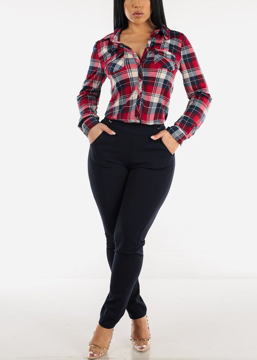 Long Sleeve Button Up Plaid Shirt Navy & Red sold by Moda product image thumbnail 6