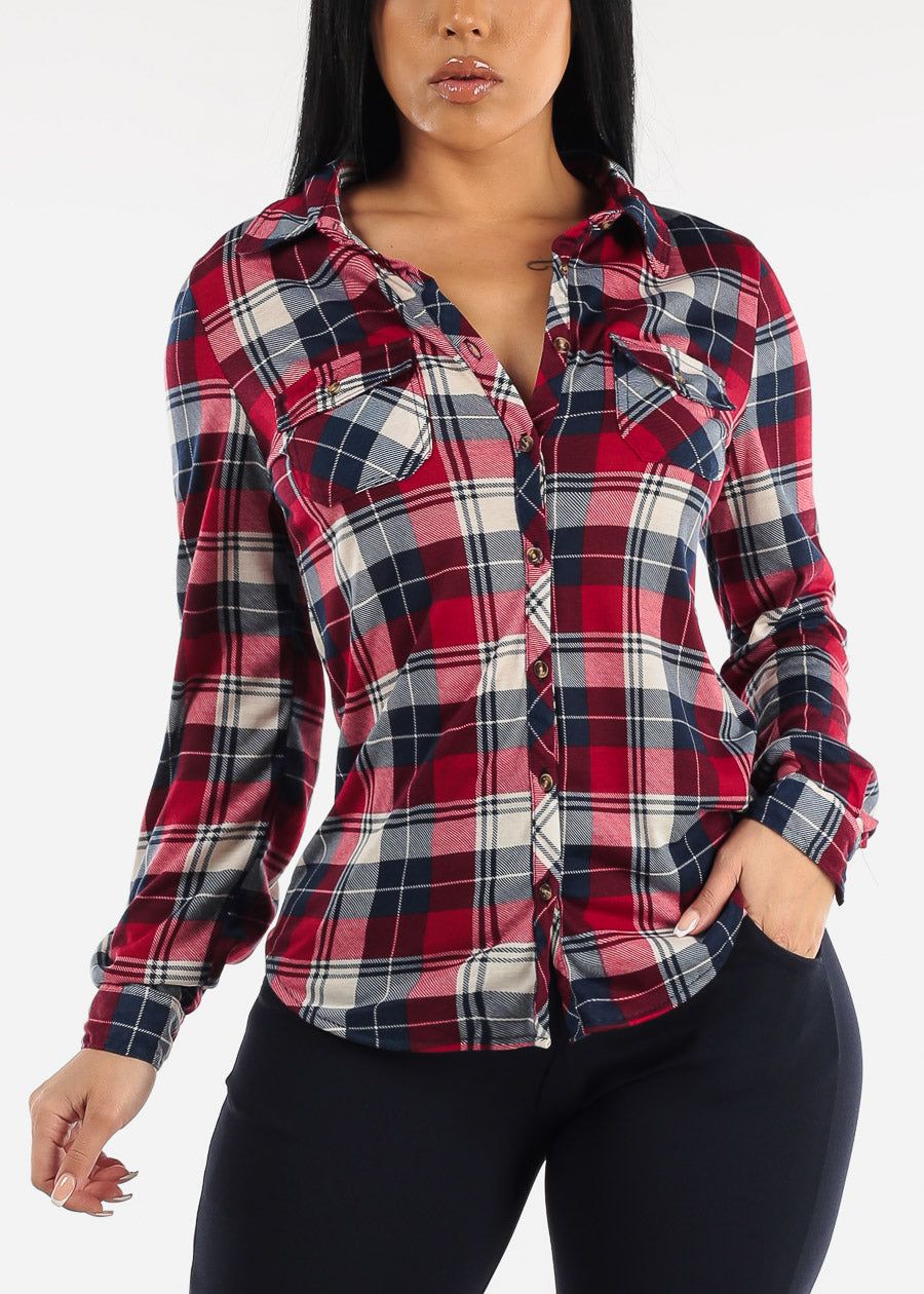 Long Sleeve Button Up Plaid Shirt Navy & Red sold by Moda product image thumbnail 3