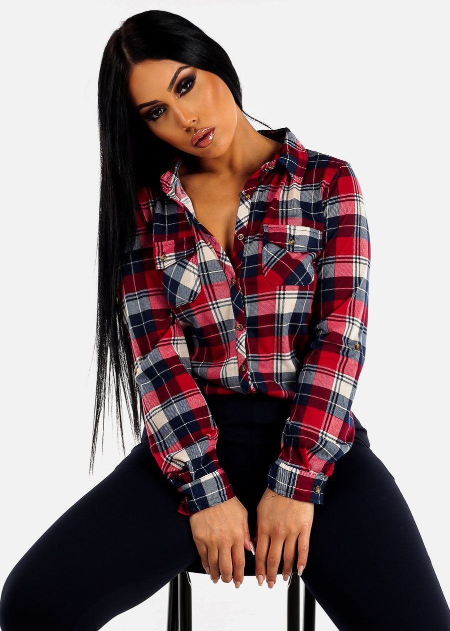 Long Sleeve Button Up Plaid Shirt Navy & Red sold by Moda