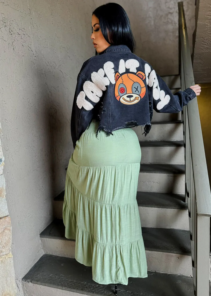 Black Graphic Cropped Denim Jacket "Take It Easy" sold by Moda product image thumbnail 3