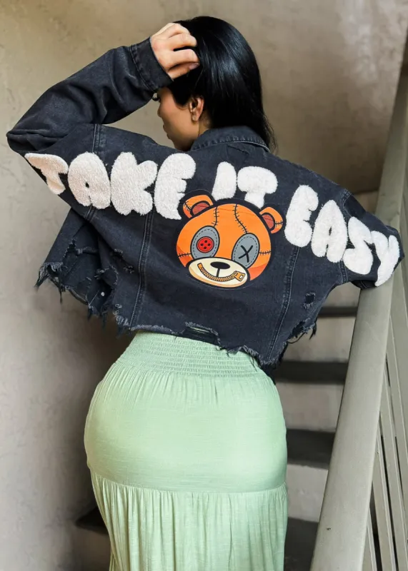 Black Graphic Cropped Denim Jacket "Take It Easy" sold by Moda