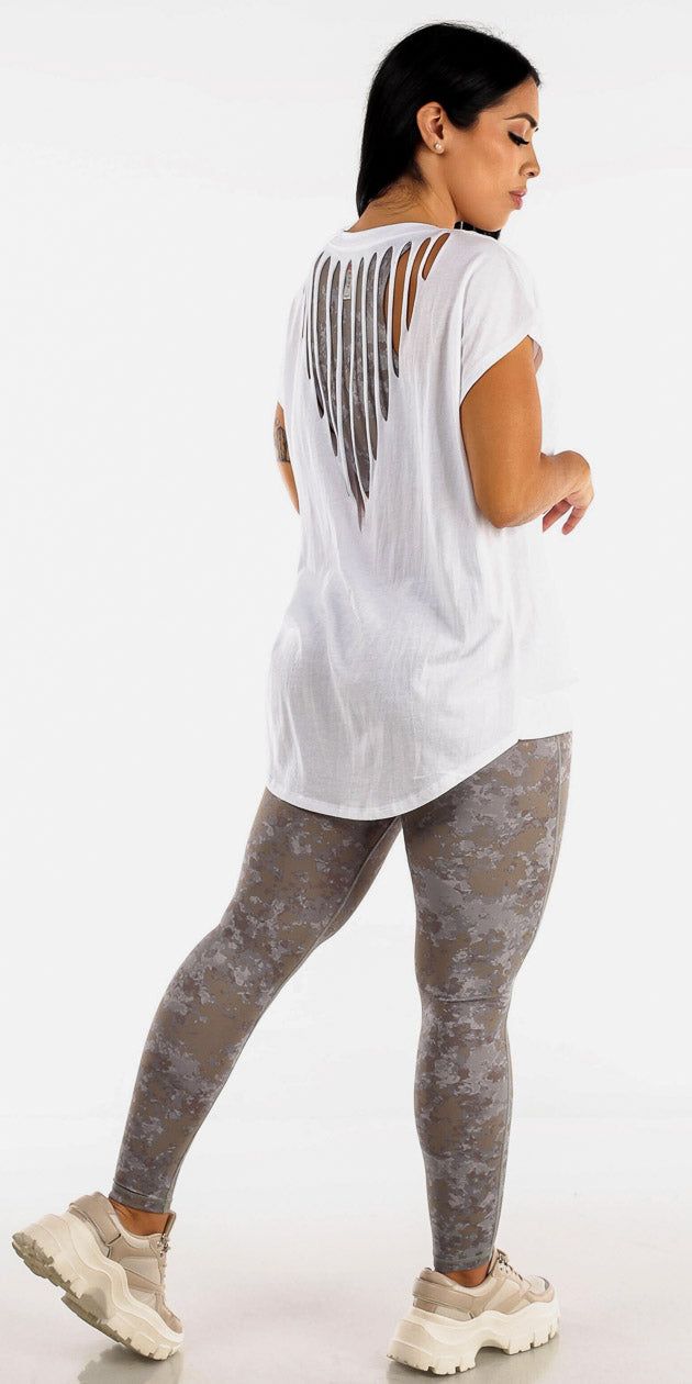 High Rise Printed Active Leggings Printed Racerback Sports Bra and White Cut Out Athleisure Top sold by Moda