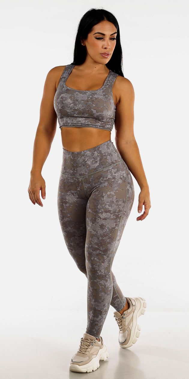 High Rise Printed Active Leggings Printed Racerback Sports Bra and White Cut Out Athleisure Top sold by Moda product image thumbnail 2