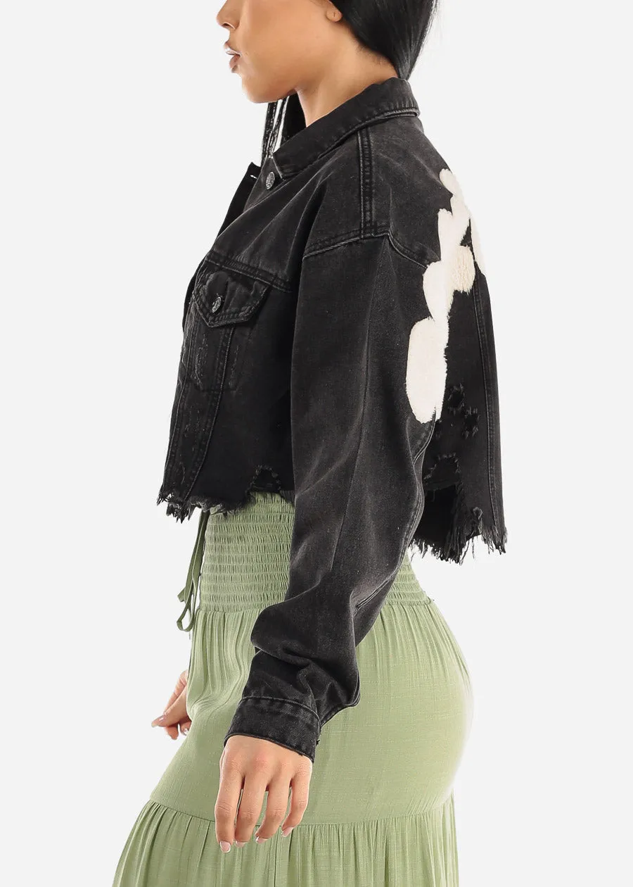 Black Graphic Cropped Denim Jacket "Take It Easy" sold by Moda product image thumbnail 5