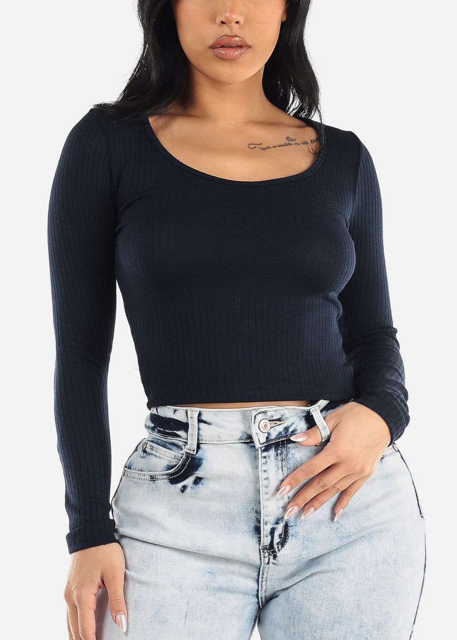 Ribbed Knit Long Sleeve Top Navy sold by Moda