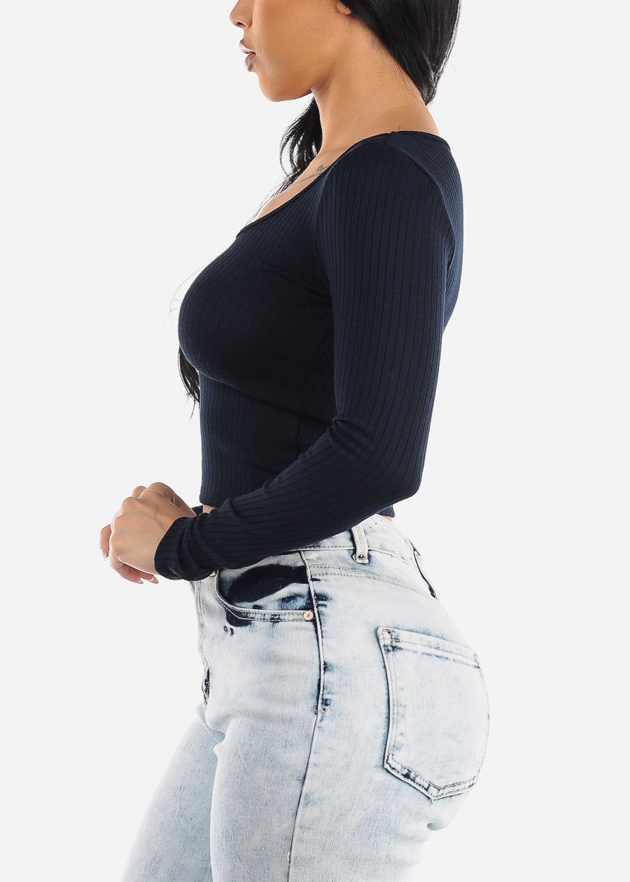 Ribbed Knit Long Sleeve Top Navy sold by Moda product image thumbnail 3