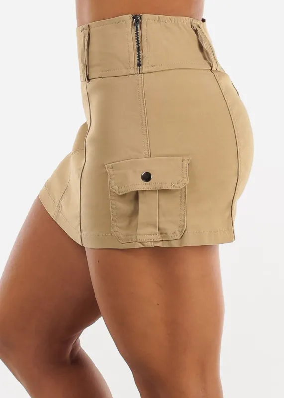 Khaki High Waisted Hyper Stretch Cargo Mini Skort sold by Moda