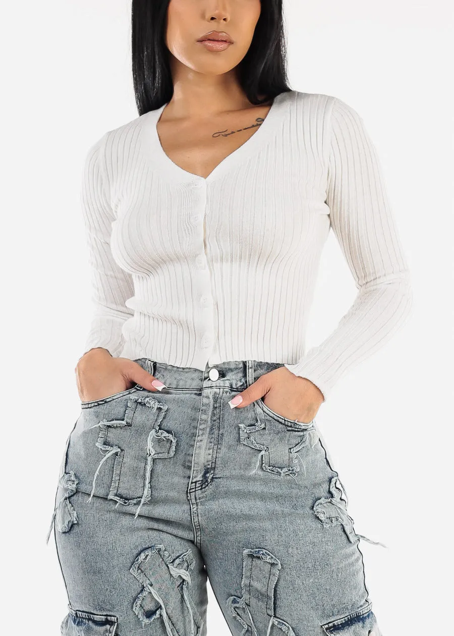 White Long Sleeve Button Up Fitted Sweater sold by Moda product image thumbnail 3