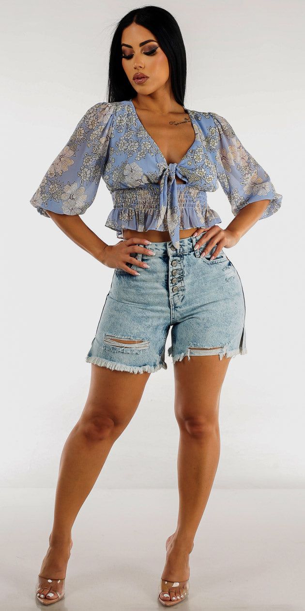 Distressed Acid Wash Cotton Denim Shorts with Ruffle Hem Blue Floral Crop Top sold by Moda