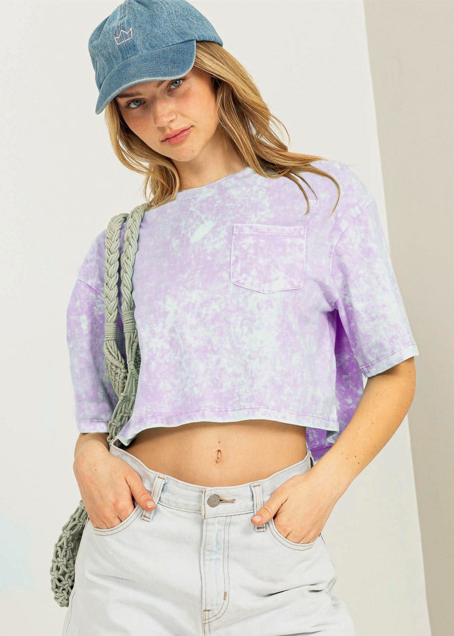 Loose Short Sleeve Mineral Wash Cropped Tee Light Purple sold by Moda