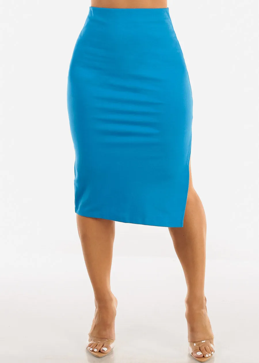 High Waist Side Slit Pencil Skirt Blue sold by Moda