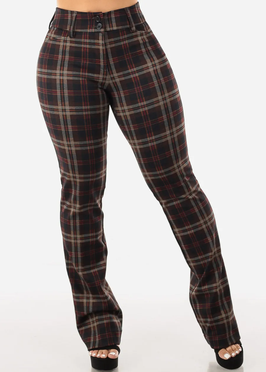 High Waist Plaid Bootcut Stretch Dress Pants Brown sold by Moda