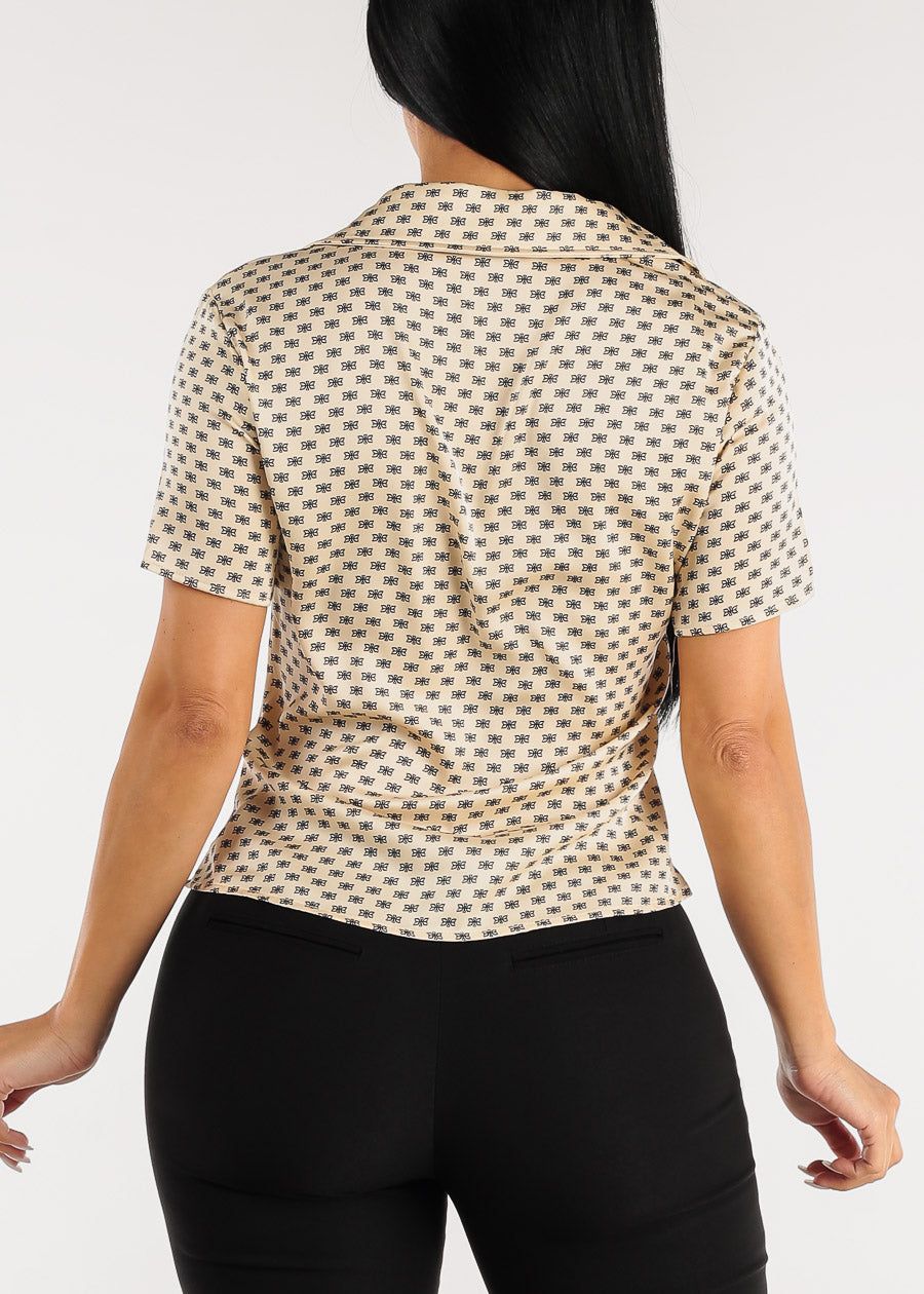 Short Sleeve Printed Satin Collared Blouse w Ruched Front sold by Moda product image thumbnail 4