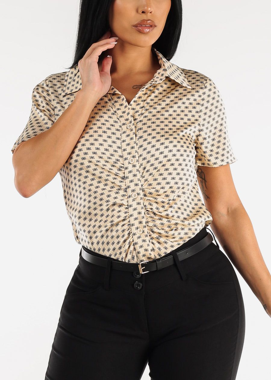 Short Sleeve Printed Satin Collared Blouse w Ruched Front sold by Moda