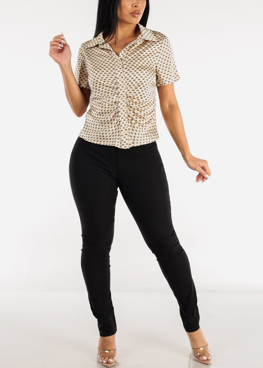 Short Sleeve Printed Satin Collared Blouse w Ruched Front sold by Moda product image thumbnail 2