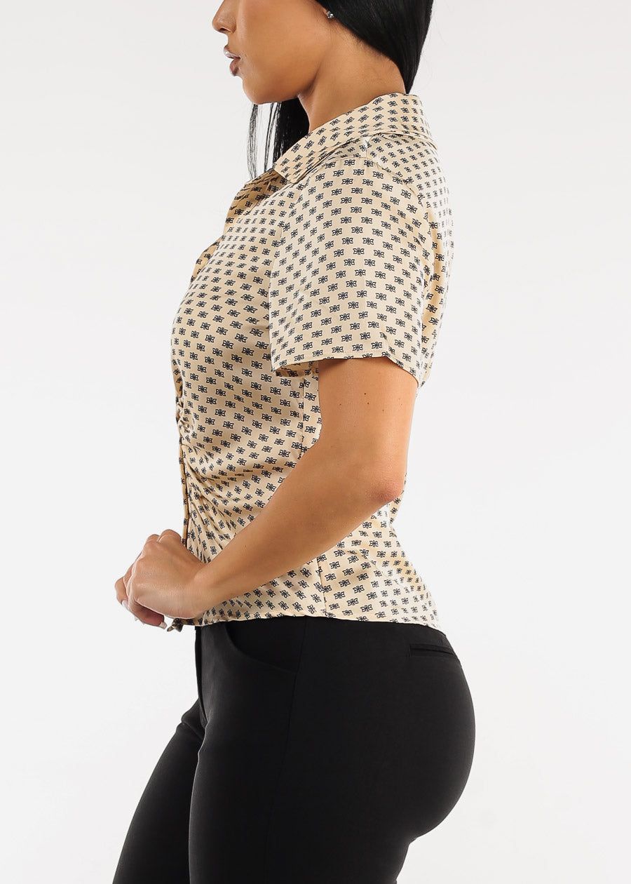 Short Sleeve Printed Satin Collared Blouse w Ruched Front sold by Moda product image thumbnail 3