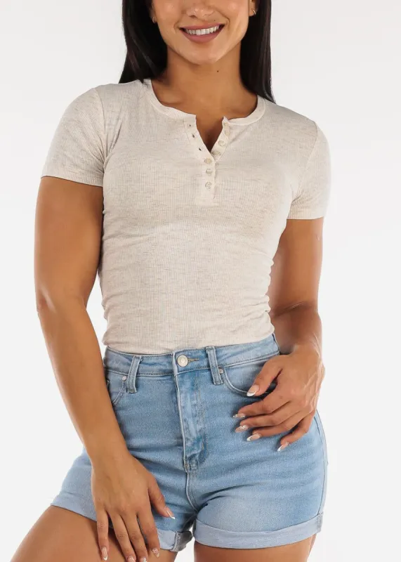 Button Up Neckline Rib Knit Top Oatmeal sold by Moda