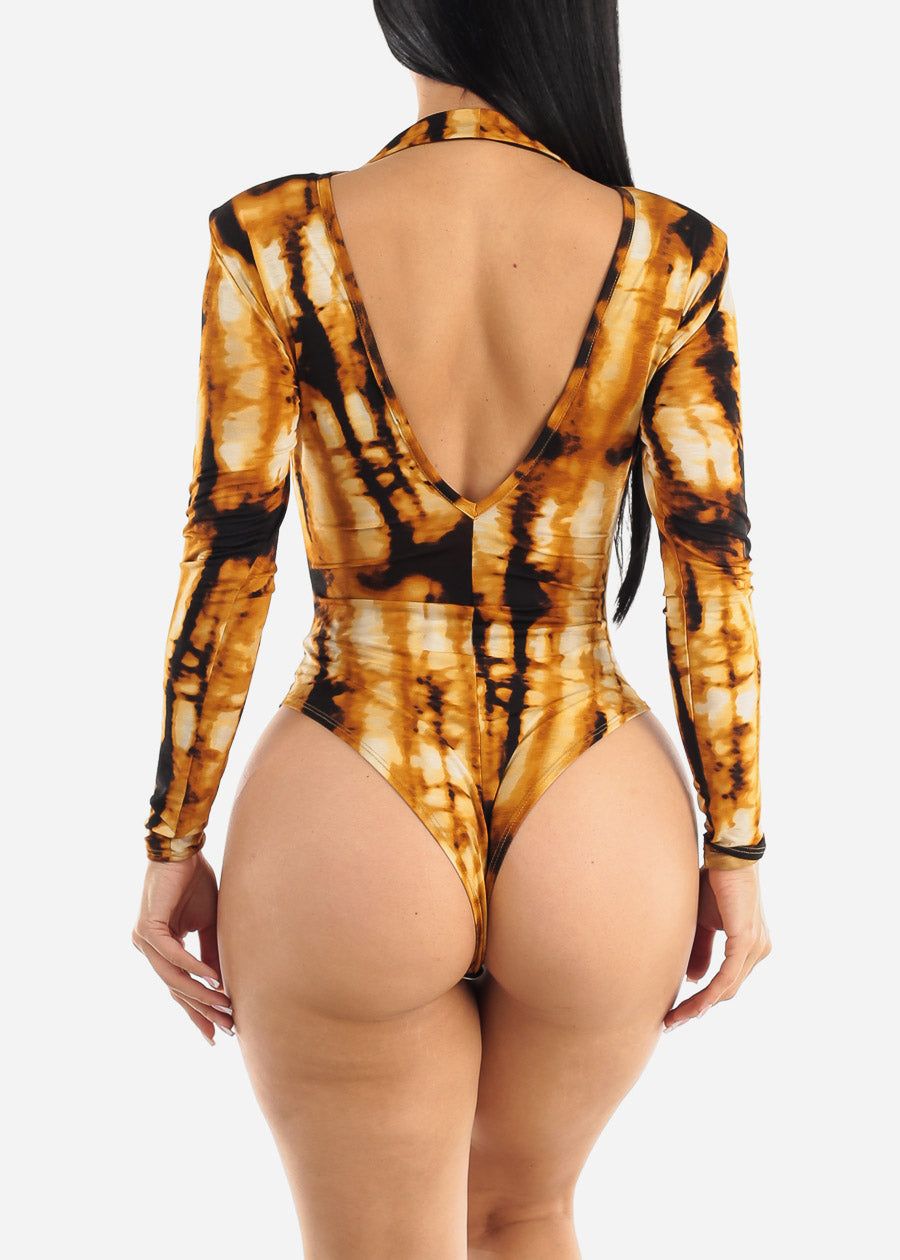 Long Sleeve Tie Dye Thong Bodysuit Mustard w Low Open Back sold by Moda product image thumbnail 4