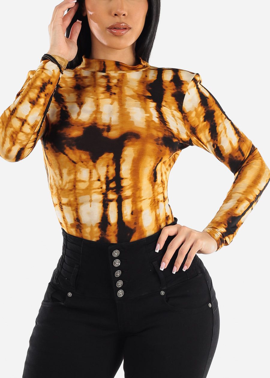 Long Sleeve Tie Dye Thong Bodysuit Mustard w Low Open Back sold by Moda product image thumbnail 5