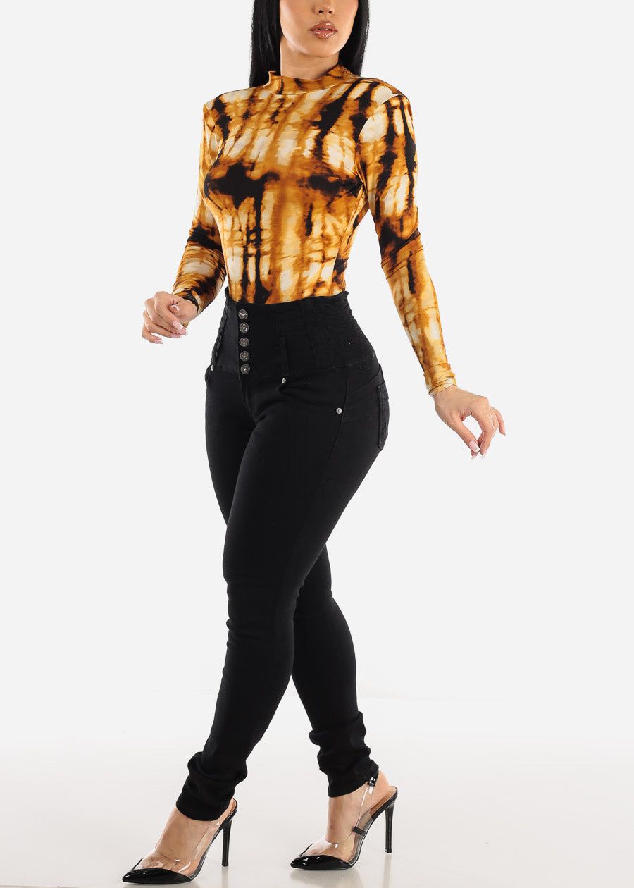 Long Sleeve Tie Dye Thong Bodysuit Mustard w Low Open Back sold by Moda product image thumbnail 2