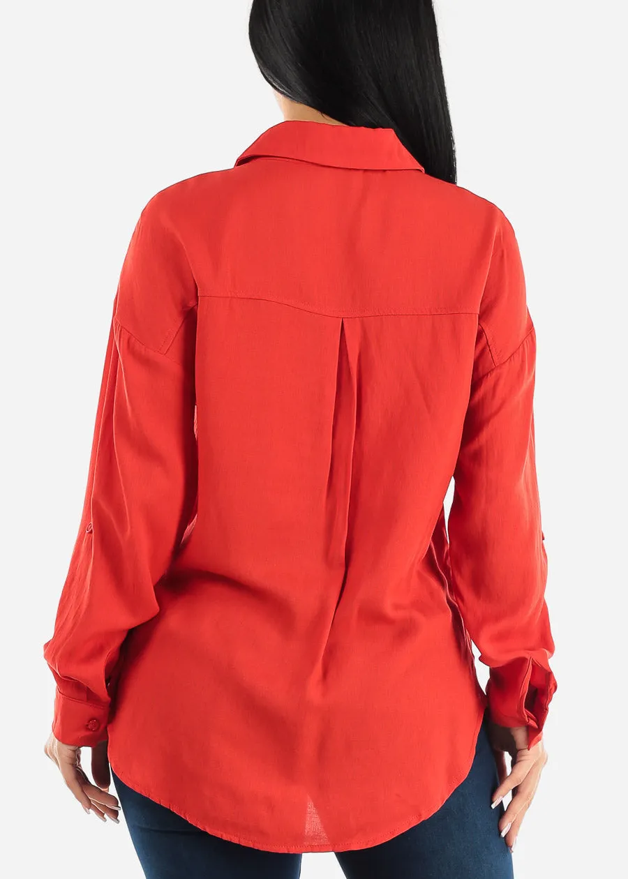 Red Long Sleeve Relaxed Fit Collared Blouse sold by Moda product image thumbnail 4