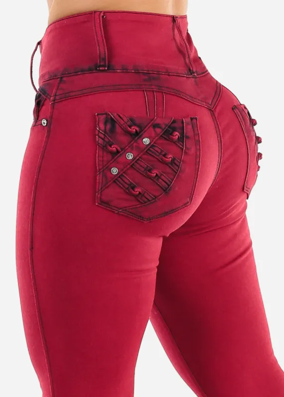 Butt Lift High Waist Red Acid Wash Skinny Jeans sold by Moda