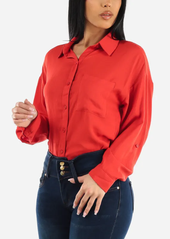 Red Long Sleeve Relaxed Fit Collared Blouse sold by Moda