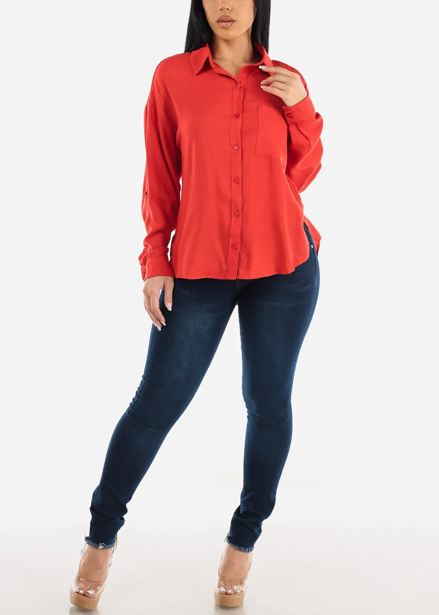 Red Long Sleeve Relaxed Fit Collared Blouse sold by Moda product image thumbnail 2