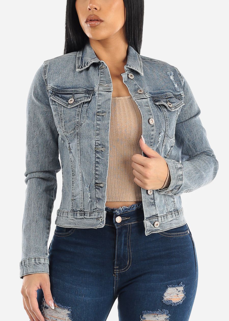 Long Sleeve Button Up Light Ripped Denim Jacket sold by Moda product image thumbnail 3