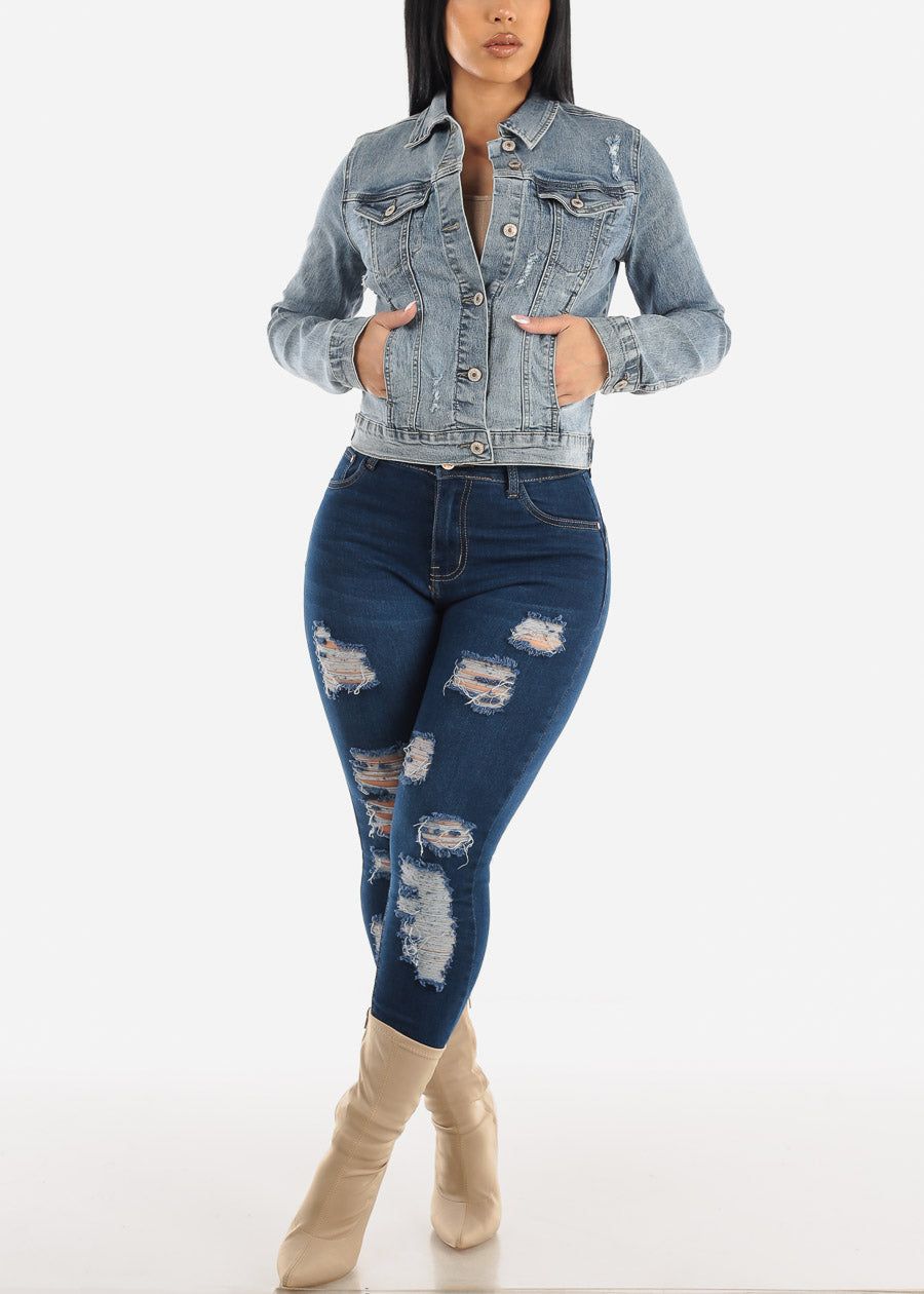 Long Sleeve Button Up Light Ripped Denim Jacket sold by Moda product image thumbnail 4