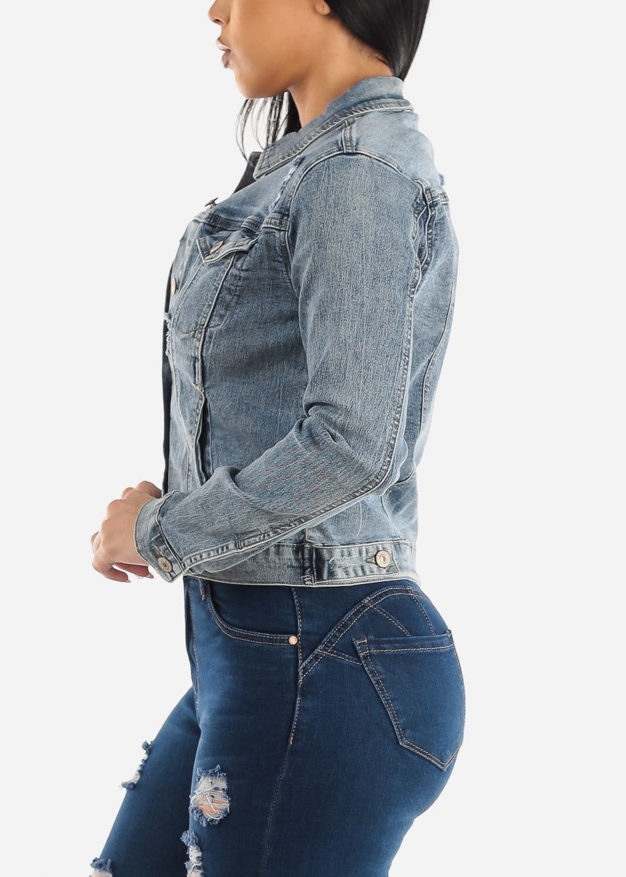 Long Sleeve Button Up Light Ripped Denim Jacket sold by Moda product image thumbnail 5