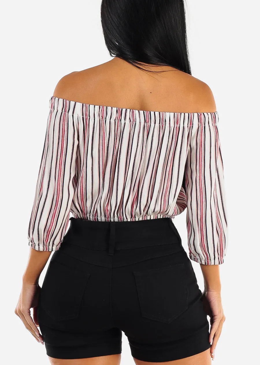 Stripe Off Shoulder Tie Front Crop Top Ivory sold by Moda product image thumbnail 4