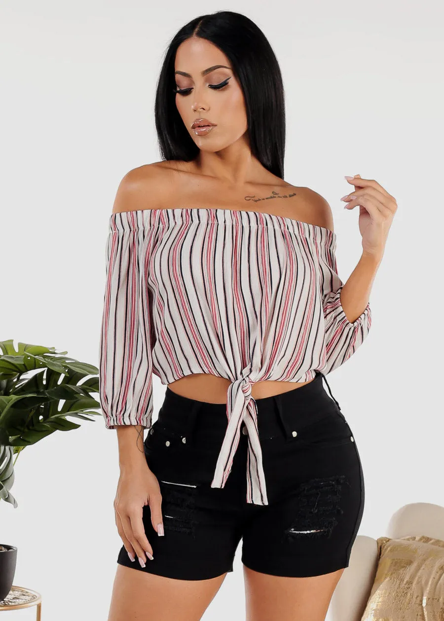 Stripe Off Shoulder Tie Front Crop Top Ivory sold by Moda