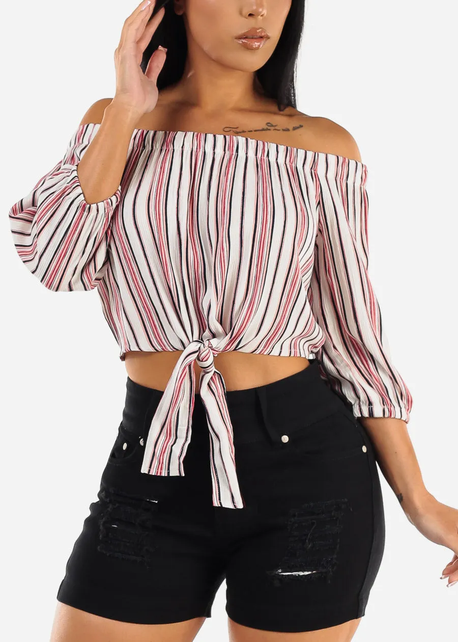 Stripe Off Shoulder Tie Front Crop Top Ivory sold by Moda product image thumbnail 5